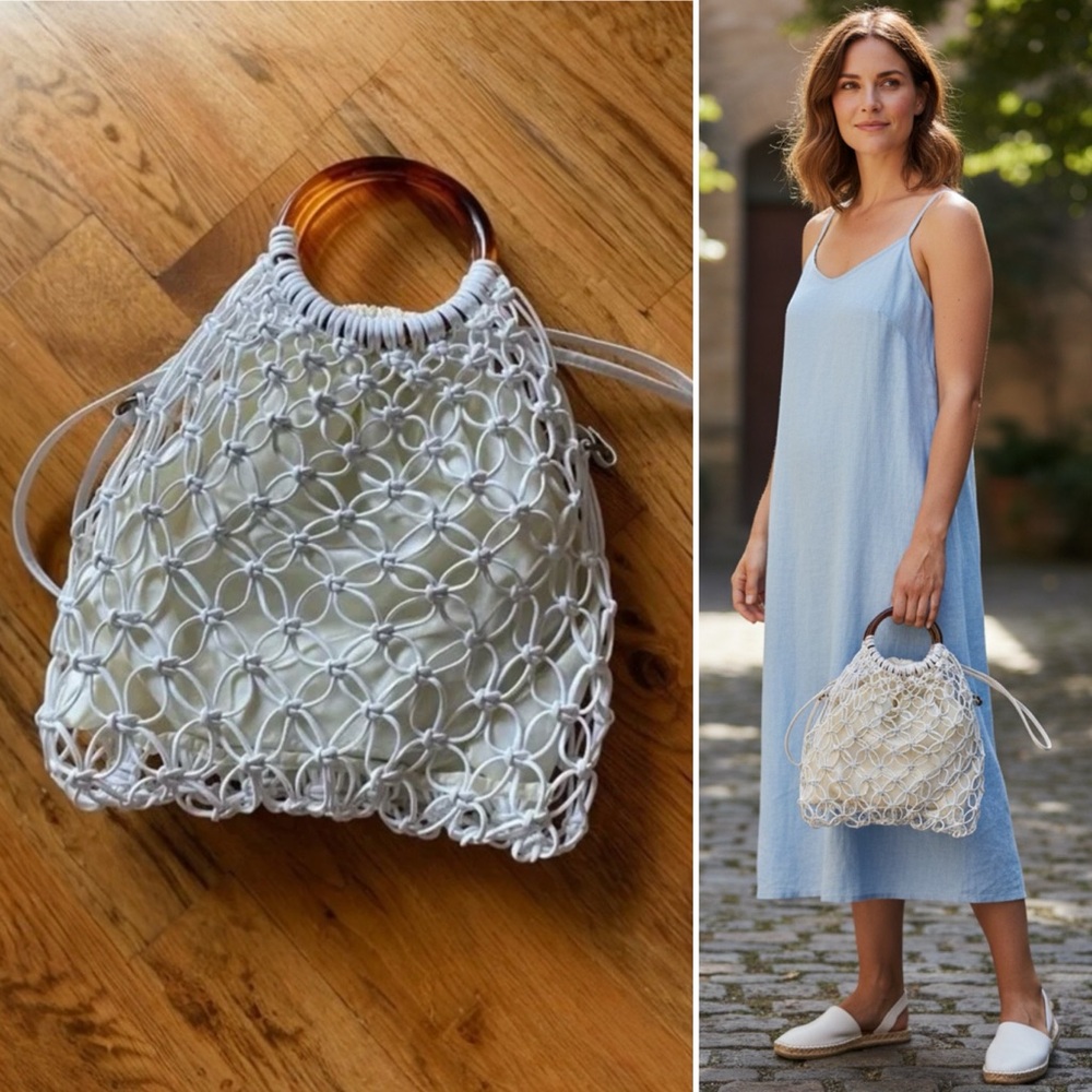 Anthropologie Remi & Reid White Crochet Fisherman Bag Tote Shoulder Strap